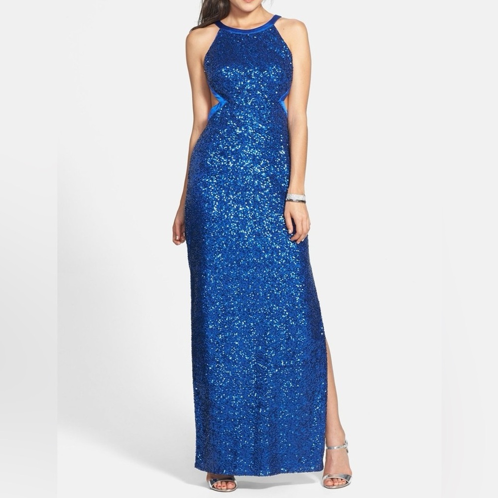 Aidan by Aidan Mattox 2 Blue Sequin Halter Neck Open Back Dress